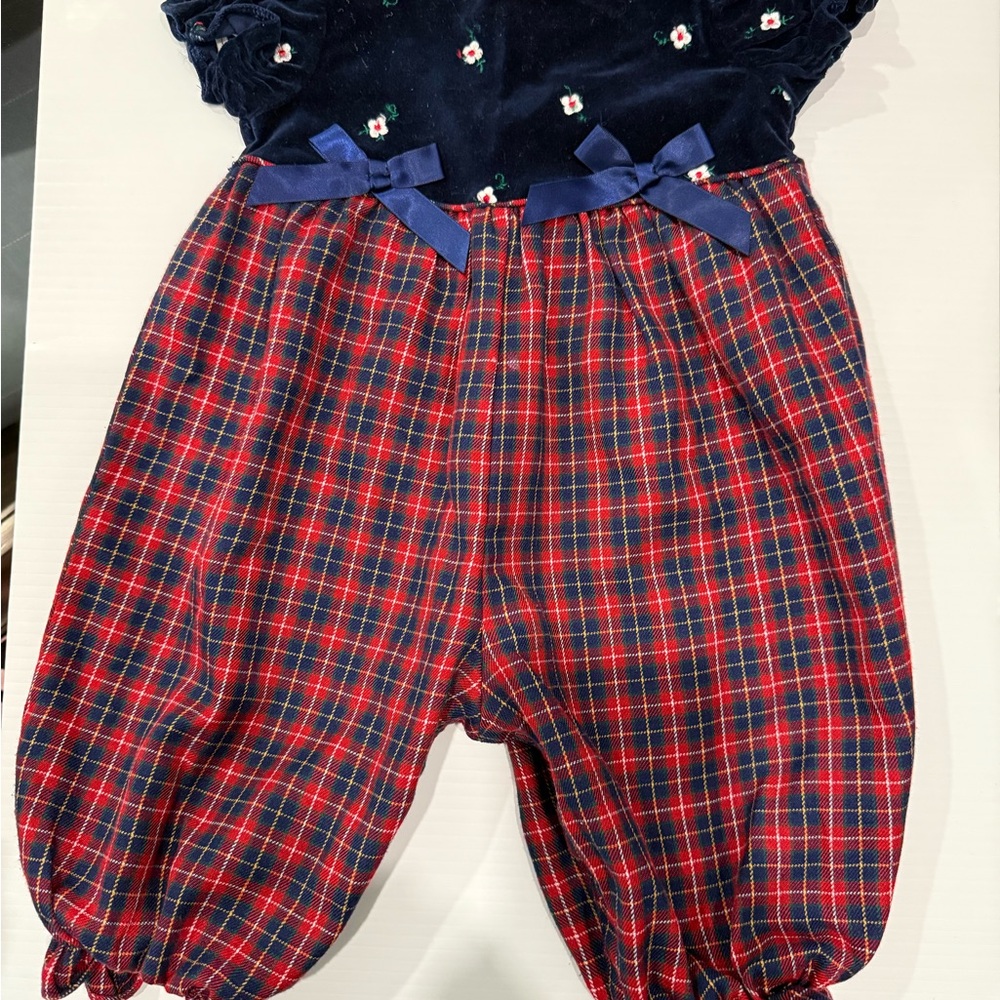 Vintage Blue Velvet and Plaid Red baby girl Romper